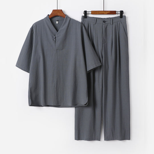 Herren Zweiteiliges Leichtes Kimono-Loungewear-Set mit Stehkragen Knotenverschluss Kurzarm und weiter Bundhose Nord Taschen