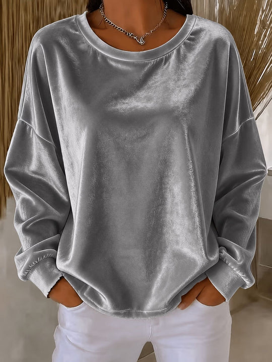 Damen Oversize Samt-Sweatshirt mit Rundhalsausschnitt, überschnittener Schulter und elastischen Bündchen Nord Taschen