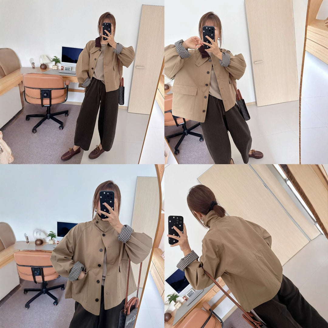 Damen Kurzjacke im Worker-Stil mit Cordkragen und aufgesetzten Pattentaschen Nord Taschen