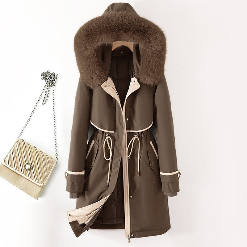 Damen nan langer Parka mit Kunstfellkapuze Taillenzug und kontrastierten Paspeln Nord Taschen