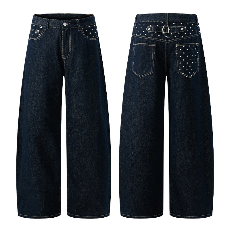 Unisex Ultraweite Palazzodenim-Hose mit Nietenbesetzten Eingrifftaschen und bodenlangem Saum Nord Taschen