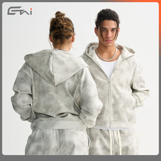 Unisex Boxy-Reißverschluss-Hoodie mit Nebel-Waschung und Raglanärmeln Nord Taschen