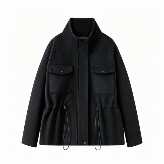 Damen Wollmix-Fieldjacke mit Stehkragen, aufgesetzten Brusttaschen und Kordelzug-Taille Nord Taschen