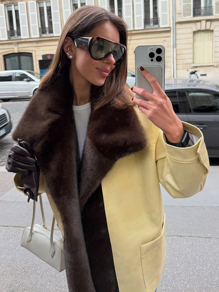 Damen Eleganter Oversize-Mantel aus Veloursleder‑Optik mit voluminösem Faux‑Fur‑Schalkragen Nord Taschen