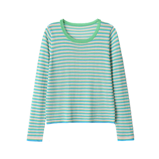 Damen Gestreiftes Feinstrick-Langarmshirt mit Rundhalsausschnitt und figurumspielender Silhouette Nord Taschen