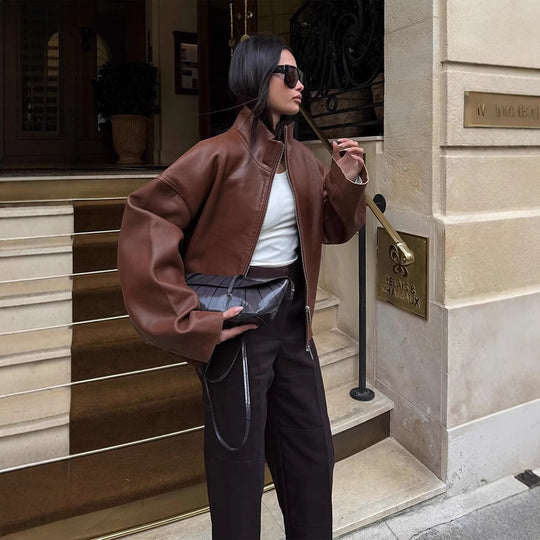 Damen Oversized Lederblouson mit soften Teddy-Innenfutter und Verdeckt-Reißverschluss Nord Taschen