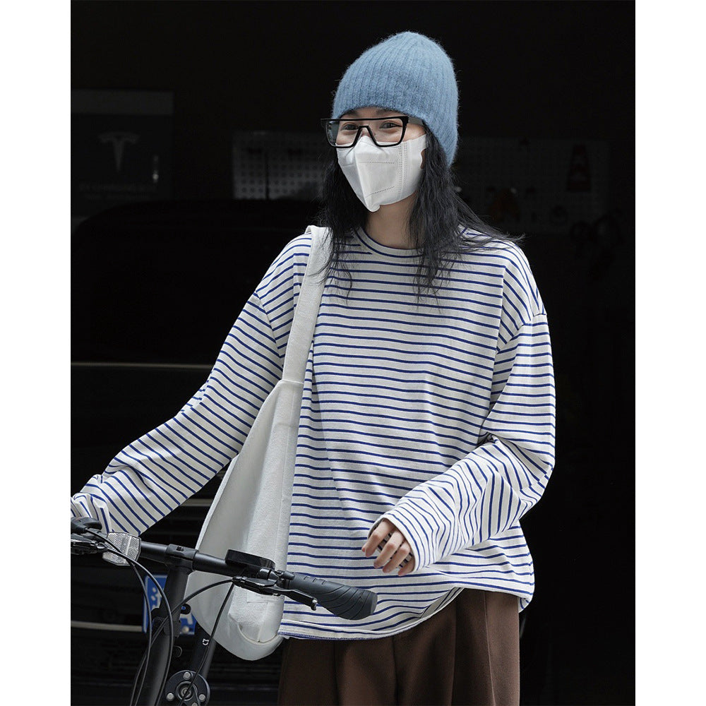 Damen Oversized Streifen-Longsleeve aus Baumwolljersey mit Rundhalsausschnitt Nord Taschen