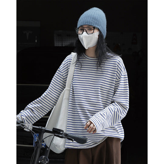 Damen Oversized Streifen-Longsleeve aus Baumwolljersey mit Rundhalsausschnitt Nord Taschen