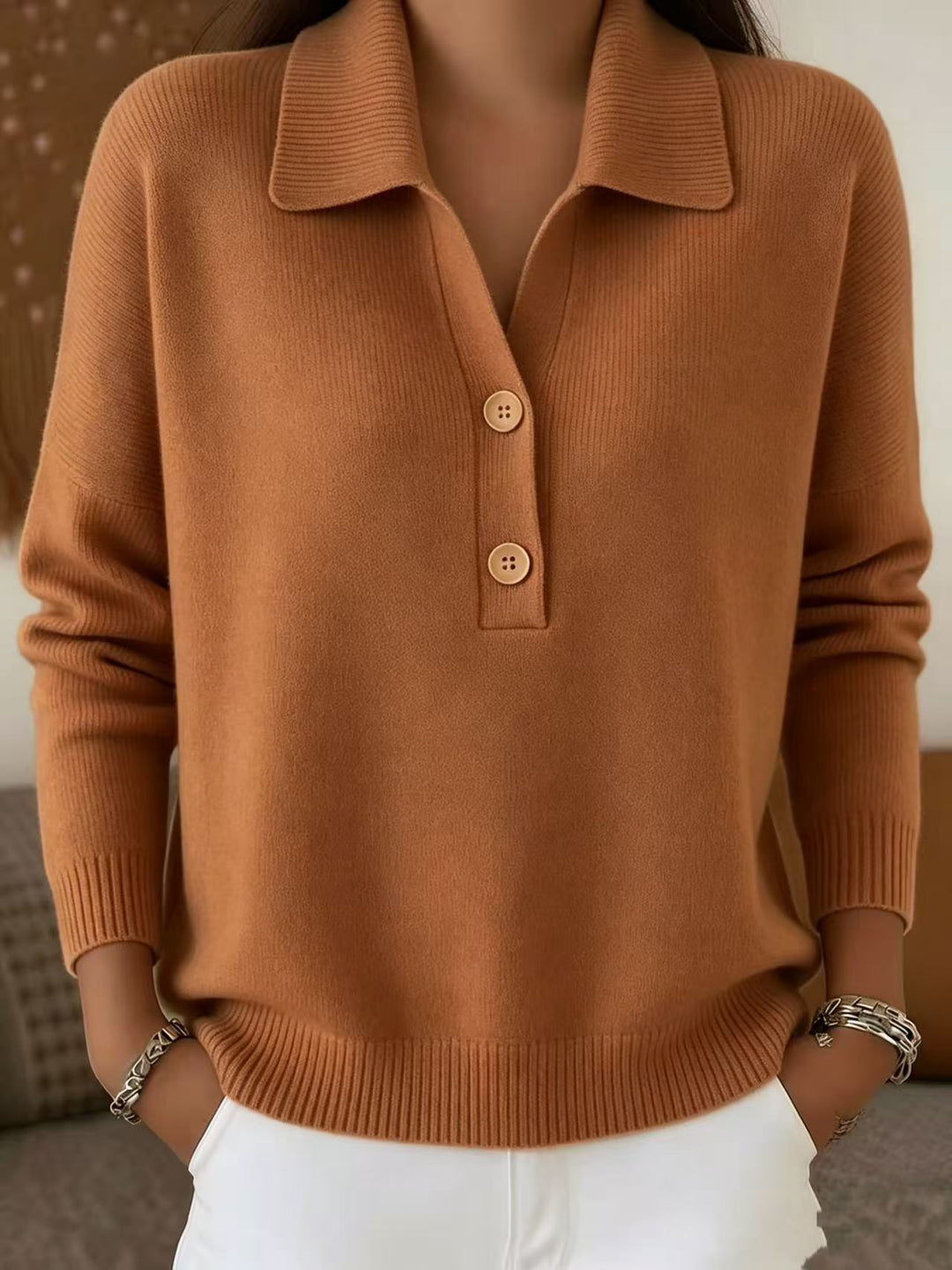 Damen lässiger Feinstrickpullover mit Polokragen und Zwei-Knopf-Leiste Nord Taschen