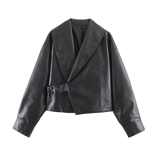 Damen Kurze Oversize-Lederoptikjacke mit weitem Schalkragen und Gürtel Nord Taschen