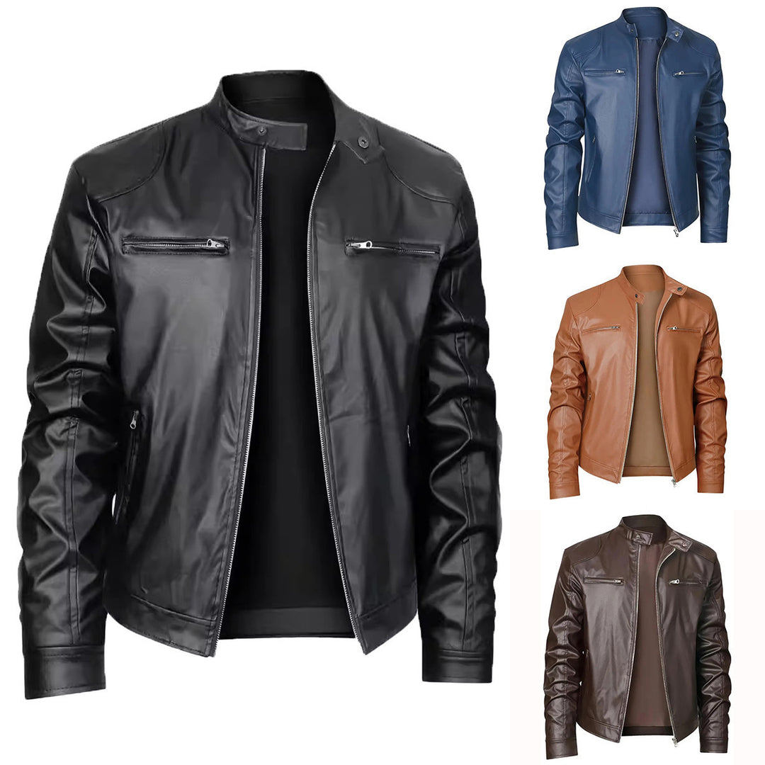 Herren schlanke Kunstleder-Bikerjacke mit Stehkragen, durchgehendem Reißverschluss und zwei Brusttaschen Nord Taschen