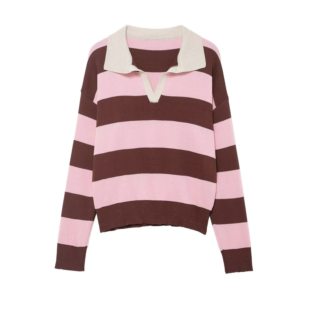 Damen Gestreifter Rugby-Polo-Pullover mit V-Notch und Cropped-Saum Nord Taschen