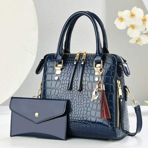 Damen hochwertige Handtasche mit edler Krokodilprägung und praktischer Clutch Nord Taschen
