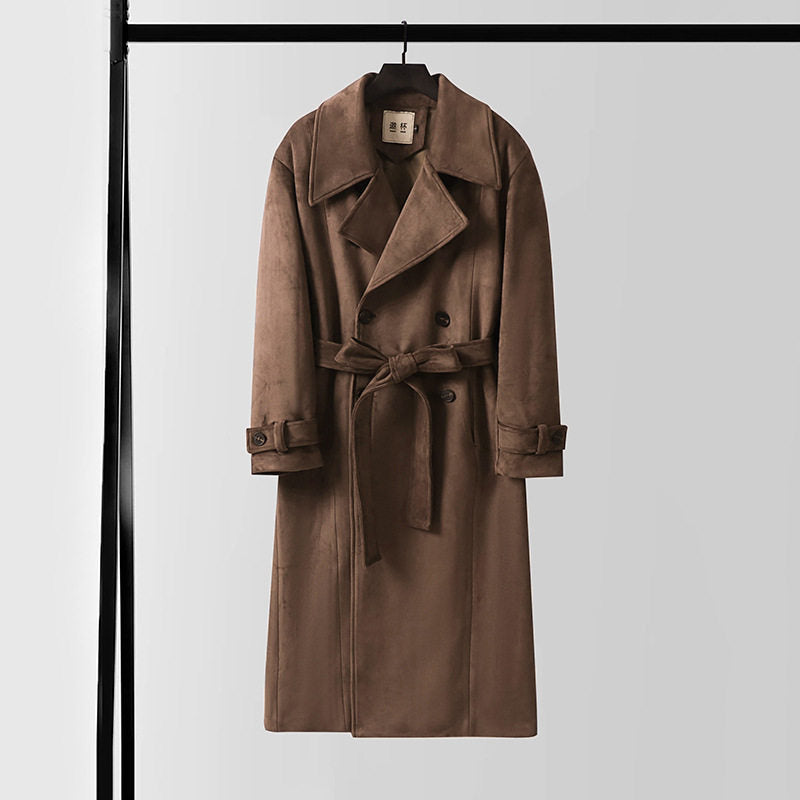 Herren Maxilanger Velours-Mantel im Trench-Look mit breitem Revers und Bindegürtel Nord Taschen