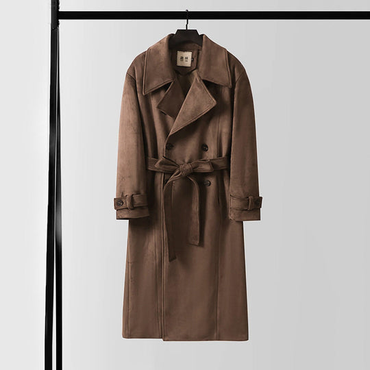 Herren Maxilanger Velours-Mantel im Trench-Look mit breitem Revers und Bindegürtel Nord Taschen