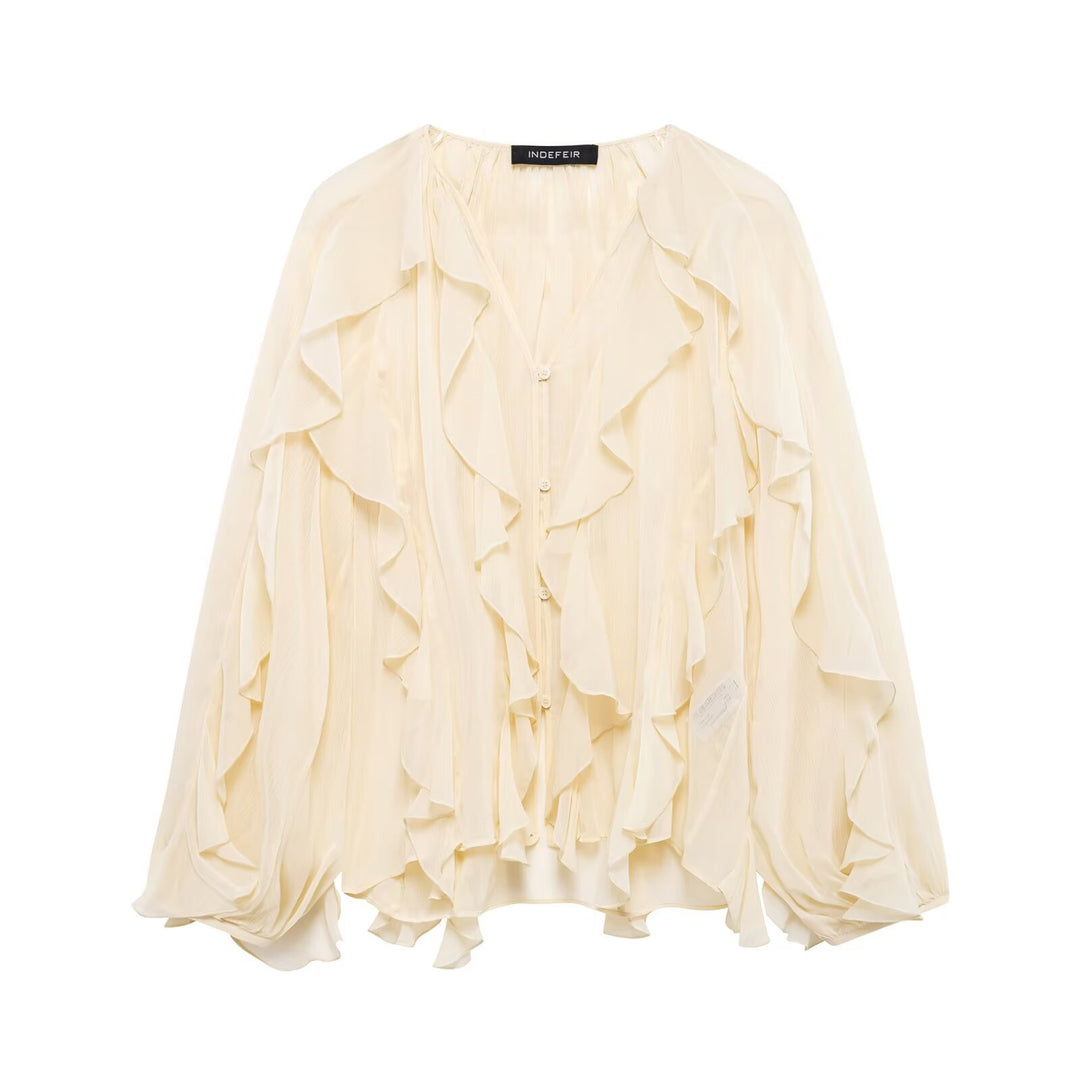Damen Voluminöse Chiffon-Bluse mit Lagenvolants und Knopfleiste Nord Taschen