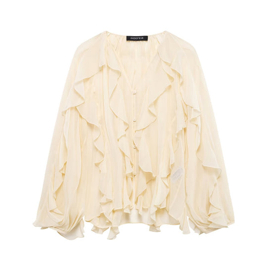 Damen Voluminöse Chiffon-Bluse mit Lagenvolants und Knopfleiste Nord Taschen