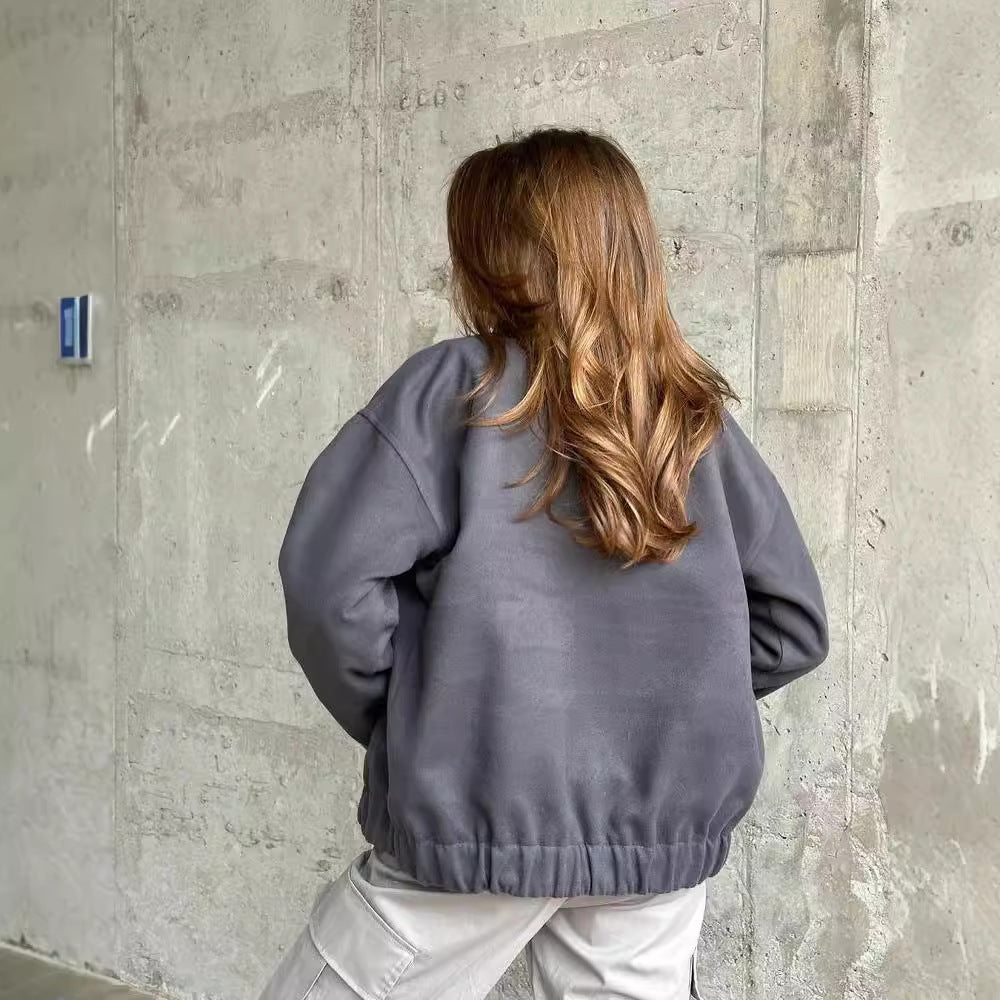 Damen Kurz geschnittene Bomberjacke aus Wollmix mit Druckknopfverschluss und elastischem Saum Nord Taschen