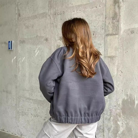 Damen Kurz geschnittene Bomberjacke aus Wollmix mit Druckknopfverschluss und elastischem Saum Nord Taschen