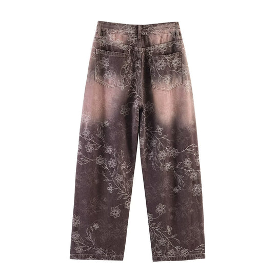 Damen Weite High‑Waist‑Jeans mit floralem Allover‑Print und Used‑Farbverlauf Nord Taschen