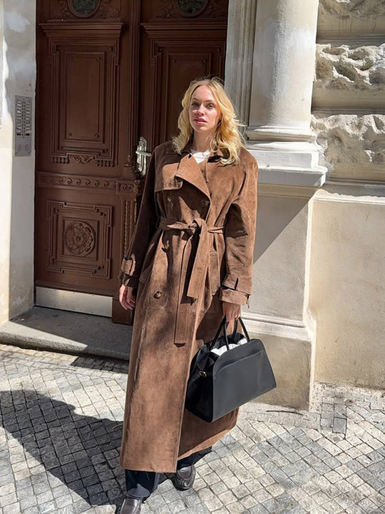 Damen Maxilanger Veloursleder‑Trenchcoat mit Bindegürtel Nord Taschen