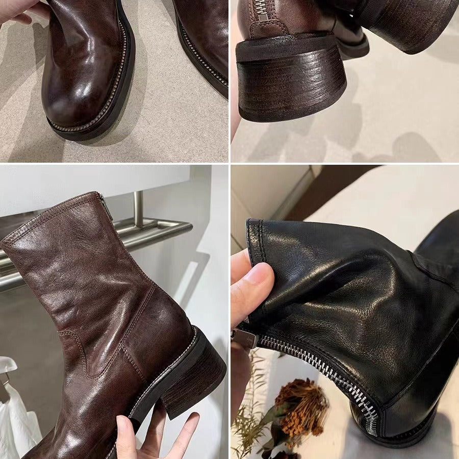 Damen Mid‑Calf Stretch-Lederstiefel mit runder Kappe und profilierter Plateausohle Nord Taschen
