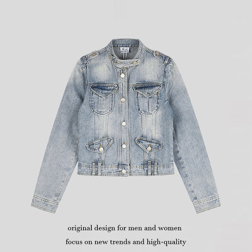 Damen Kurze Jeansjacke im Military-Stil mit Stehkragen, Schulterklappen und Pattentaschen Nord Taschen