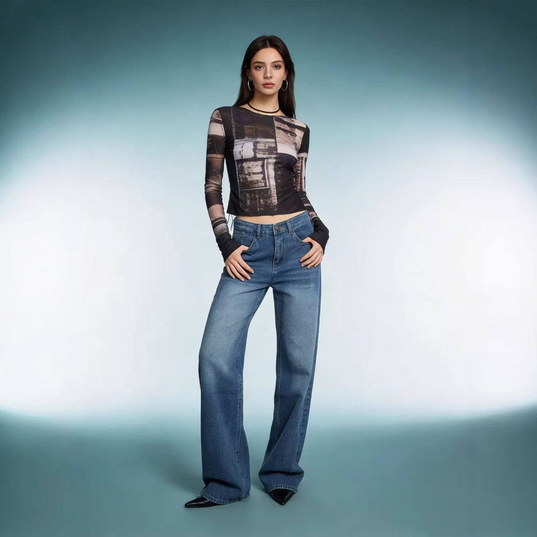 Damen hochgeschnittene Weitbein-Jeans mit tonaler Seitennaht und verwaschenem Verlauf Nord Taschen