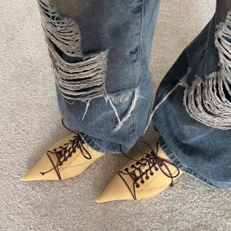 Damen Spitz zulaufende Schnür-Ballerinas im Retro-Couture‑Stil Nord Taschen