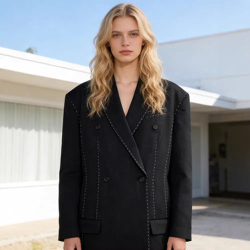 Damen Doppelreihiger Oversize-Mantelblazer mit markanter Schulterpartie & Ziersteppungen Nord Taschen