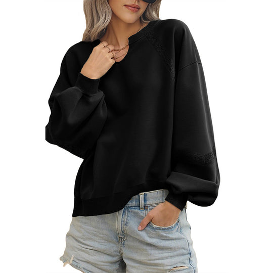 Damen Sweatshirt mit Spitzen-Einsätzen, V‑Kerbe und Ballonärmeln Nord Taschen