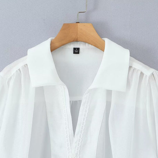 Damen elegante Chiffonbluse mit raffinierten Puffärmeln und edlem Kragen