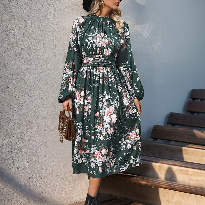 Damen Midikleid mit floralem Alloverprint, Stehkragen und Drapiertem Taillengürtel Nord Taschen