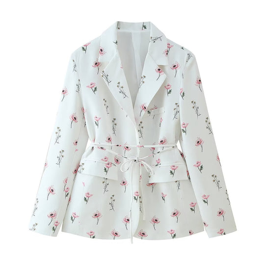 Damen taillierter Blazer mit floralem Alloverprint, Bindegürtel und Pattentaschen Nord Taschen