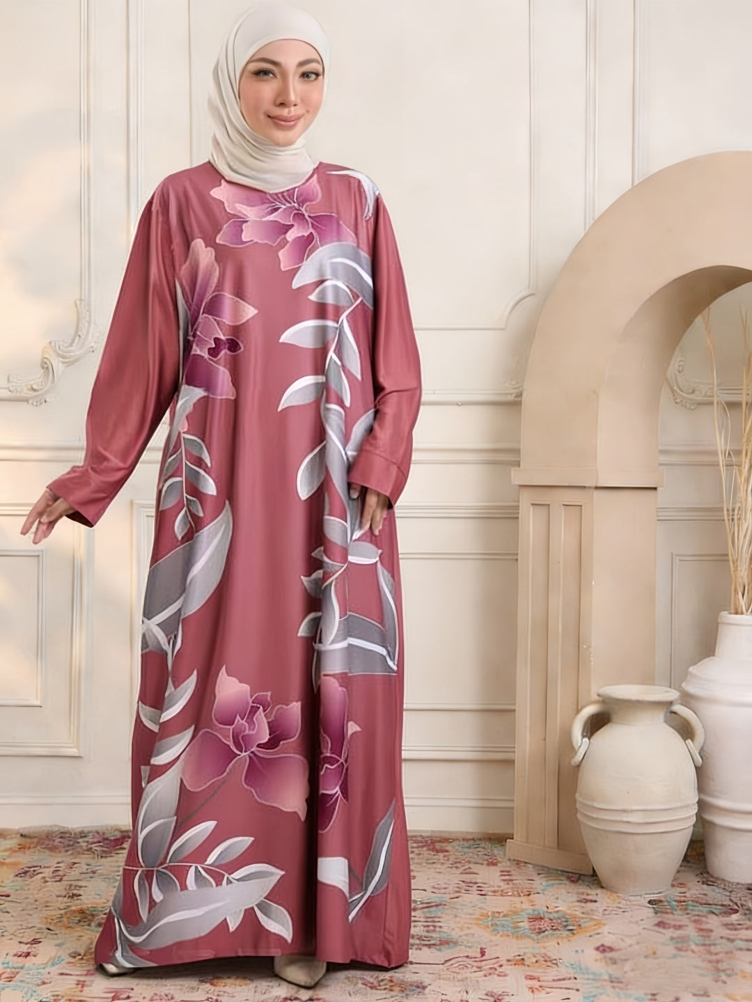 Damen Maxikleid im Kaftan-Stil mit handbemaltem Blumenprint Nord Taschen