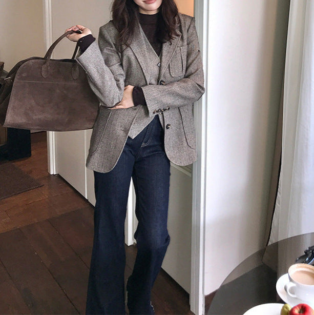 Damen Modischer Tweed Blazer Nord Taschen