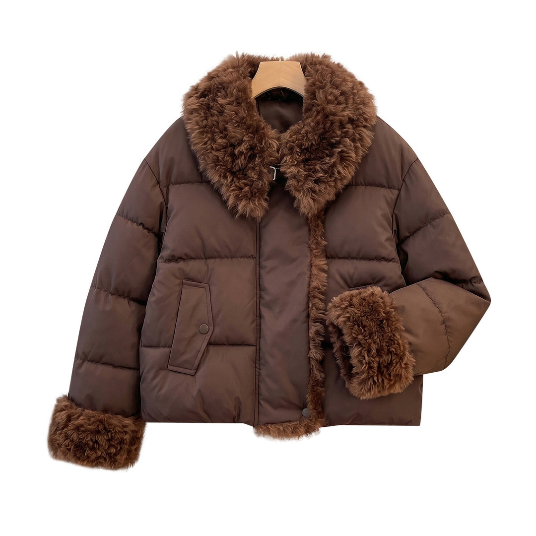 Damen nan wattierte Kurzjacke mit voluminösem Kunstfellkragen und Bommelbändern Nord Taschen