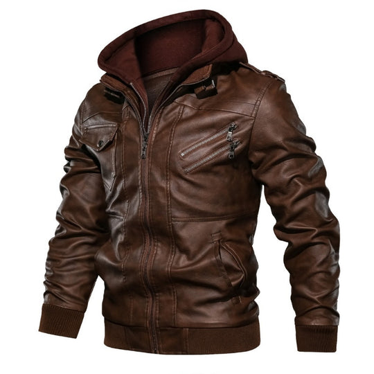 Herren Urbaner Kapuzen-Lederjacke im Bikerstil mit Reißverschluss-Details und Rippbündchen Nord Taschen