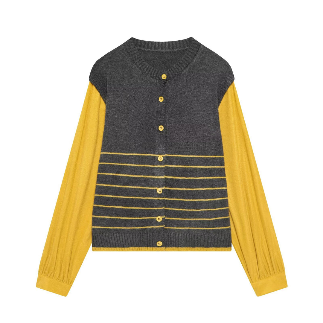 Damen Lagenlook-Strickcardigan mit gestreiftem Westeinsatz und Volumenärmeln Nord Taschen