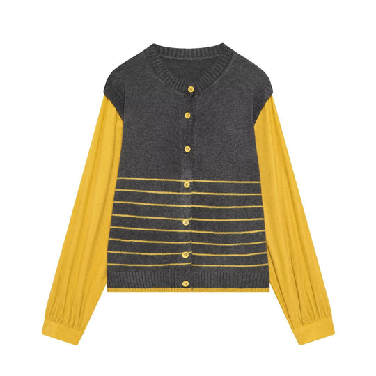 Damen Lagenlook-Strickcardigan mit gestreiftem Westeinsatz und Volumenärmeln Nord Taschen