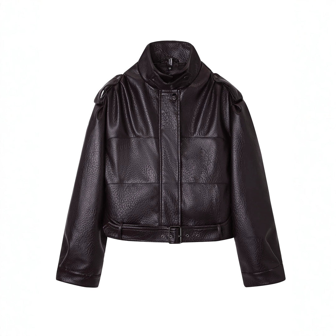 Damen Kurzjacke im Utility-Look aus strukturierter Kunstlederoptik mit hohem Stehkragen und verstellbarem Taillengürtel Nord Taschen