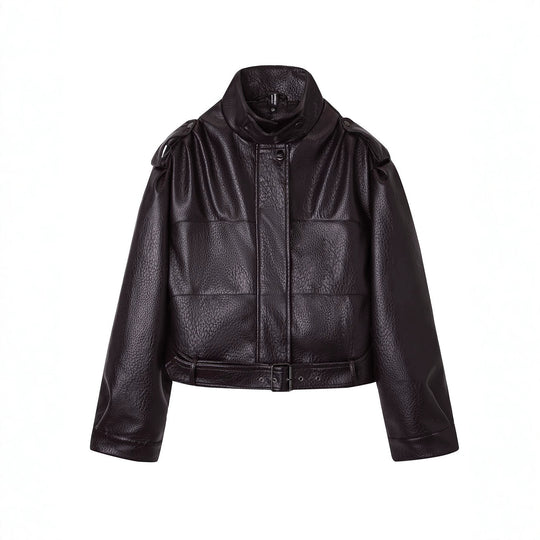 Damen Kurzjacke im Utility-Look aus strukturierter Kunstlederoptik mit hohem Stehkragen und verstellbarem Taillengürtel Nord Taschen