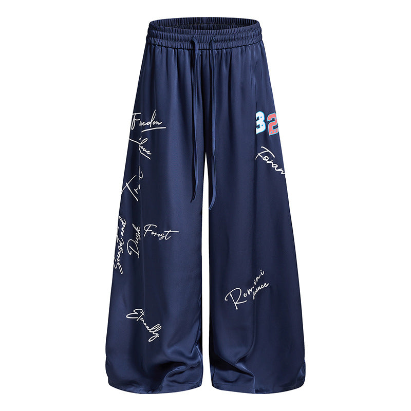 Damen Weite Satin-Palazzo-Loungehose mit Elastikbund, Kordelzug und Script-Print Nord Taschen