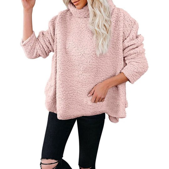 Damen Oversize-Sherpa-Pullover mit hohem Rollkragen, verlängertem Rückensaum und lässiger Silhouette Nord Taschen