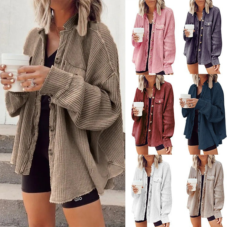 Damen Waffelstrick-Overshirt mit Knopfleiste und Brusttasche Nord Taschen