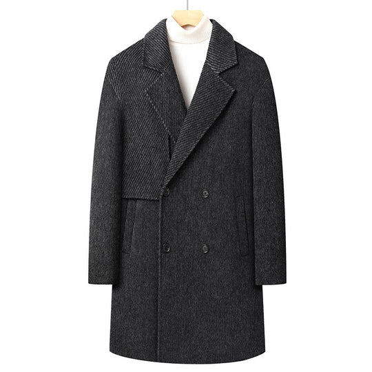 Herren Langer doppeltreihiger Wollmix-Mantel mit strukturiertem Revers Nord Taschen