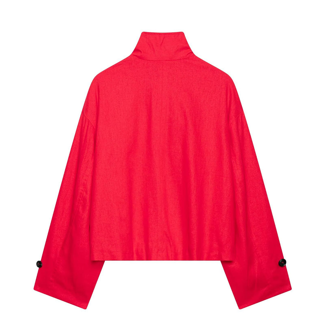 Damen Kurz-Capejacke im Boxy-Cropped-Trenchstil mit Stehkragen und Schulterpatten Nord Taschen