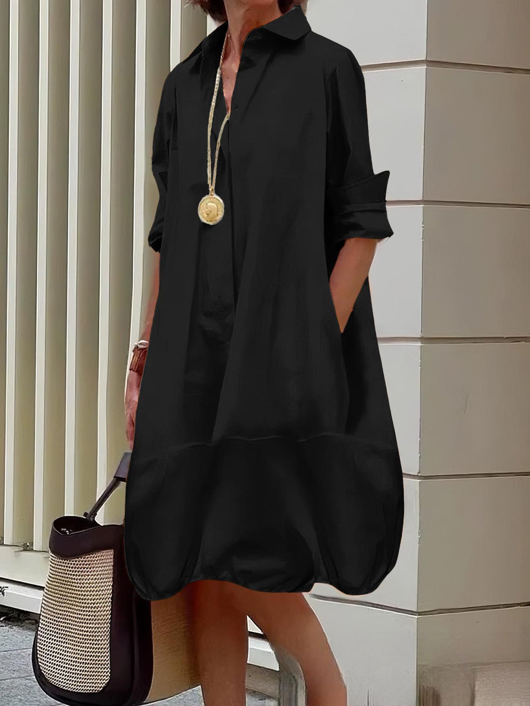 Damen Lässiges Hemdblusenkleid mit weit geschnittenem Saum Nord Taschen