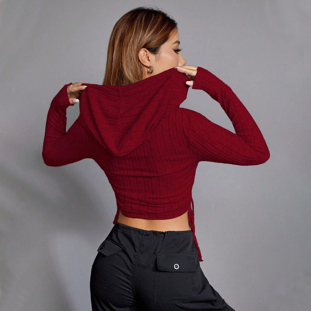 Damen geripptes Crop-Hoodie mit Tunnelzugseitennähten, figurbetonter Silhouette und langen Ärmeln Nord Taschen