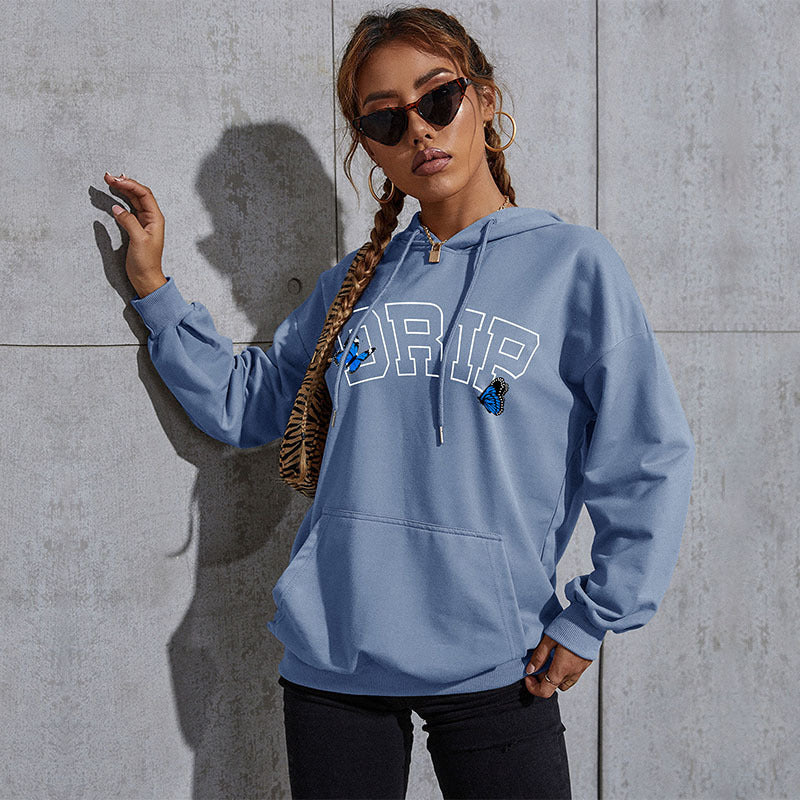 Damen Oversize-Kapuzenpullover mit Kängurutasche und Schmetterling-Stickerei Nord Taschen
